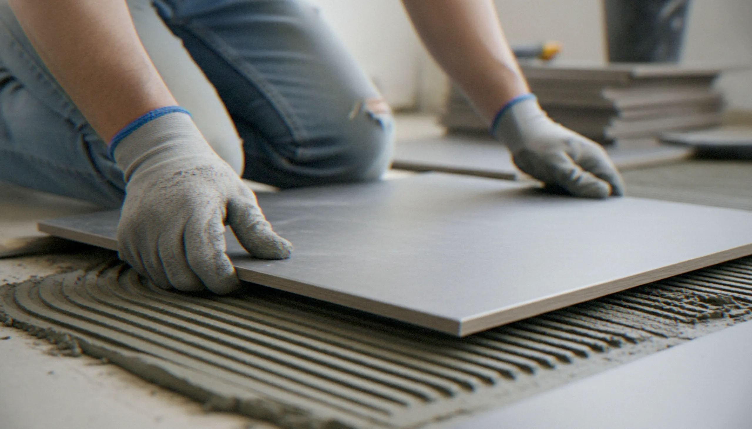 Professional installing tile flooring